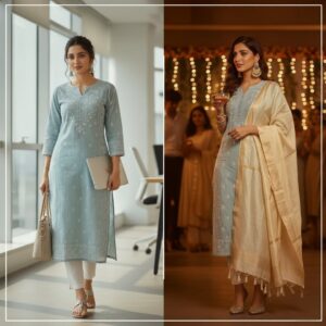 A split image showing a woman in a light blue embroidered kurta and white pants. On the left, she is in a bright office setting, holding a laptop and a woven bag, representing "Day." On the right, she is in a warm, festive evening setting with string lights, holding a drink, with heavy earrings and a matching dupatta, representing "Night."