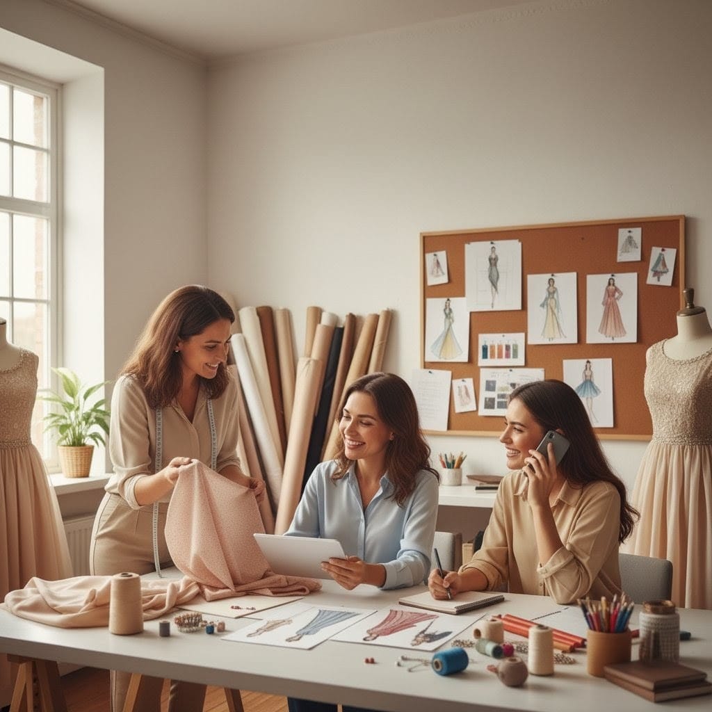 Three women, likely fashion designers or tailors, are working together in a bright studio. One woman on the left holds up a piece of light pink fabric, examining it with a smile. The woman in the middle looks at a tablet, also smiling, while the woman on the right talks on the phone and writes in a notebook. On the table, there are fabric swatches, spools of thread, colored pencils, and design sketches.