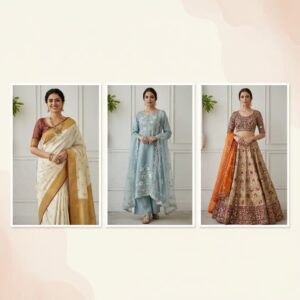 Three women showcasing traditional Indian wardrobe essentials: a woman in a cream and gold saree, a woman in a light blue embroidered kurta set, and a woman in an embroidered beige lehenga with an orange dupatta.